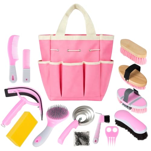 Horse Grooming Kit, 14-in-1 Professional Horse Brush Supplies Set for Grooming & Care, with Horse Brushes, Curry Comb, Hoof Pick & Waterproof Storage Tote Bag for Shining, Detangling, Massaging(Pink) - color: Pink