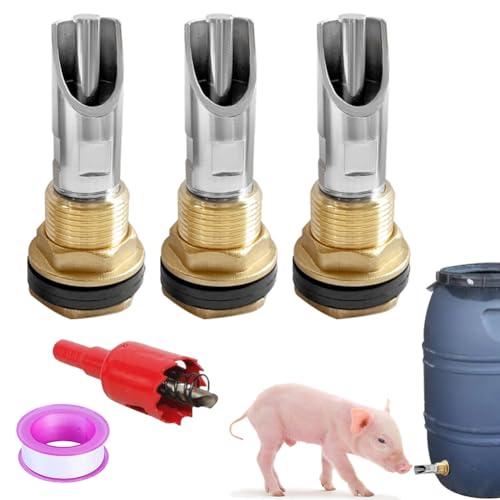Joywayus 3PCS Stainless Steel Automatic Pig Nipple Water Drinker Feeder Waterer + 3PCS Brass Water Tank Connector Bulkhead Fitting + 1PCS Hole Opener Kit for Sows Piglets Drinking