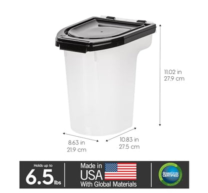 IRIS USA WeatherPro Airtight Pet Food Storage Container, Up to 6.5 lbs, Treat Box for Dog Cat and Bird Food, Keep Fresh, Translucent Body, Easy Clean Up, BPA free, Clear/Black