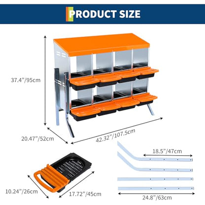 8-Hole Chicken Nesting Box, 2-Tier 8 Compartment Metal Roll Away Egg Laying Box with Lid & Legs, Easy Egg Collection, Galvanized Steel Rustproof Poultry Laying Boxes for Hens, Ducks, Farm, Yard - size: 8 holes with legs-Orange