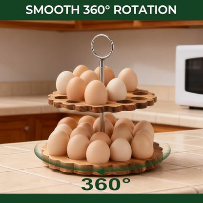 Acacia Wooden Double Layer Egg Holder for 32 Fresh Eggs, Modern Countertop Egg Storage Rack, Fits Chicken, Duck, Turkey Eggs - color: natural