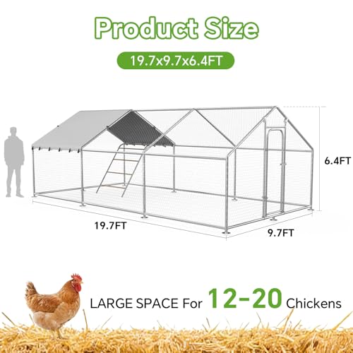 Large Metal Chicken Coop with Roosting Perch, Waterproof and UV-Resistant Cover,Outdoor Walk-in Cage Hen House for Yard Farm Rabbit Duck Chicken Run with Spire Roof (10'W x 19.7'L x 6.4'H) - size: 236.2"L x 116.0"W x 77.2"H