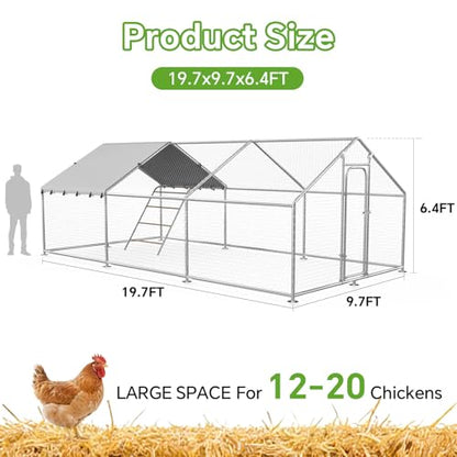 Large Metal Chicken Coop with Roosting Perch, Waterproof and UV-Resistant Cover,Outdoor Walk-in Cage Hen House for Yard Farm Rabbit Duck Chicken Run with Spire Roof (10'W x 19.7'L x 6.4'H) - size: 236.2"L x 116.0"W x 77.2"H