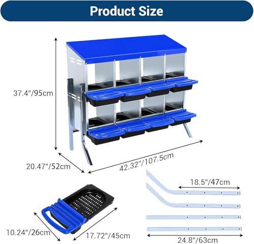 Chicken Nesting Box, 8 Hole 2 Layer Hen Nest Boxes with Legs, Roll-Away Egg Collection System with Ventilation Holes，Rustproof Plastic Tray & Keyhole Mounting, Chicken Laying Box - color: Blue, size: 8 holes with legs