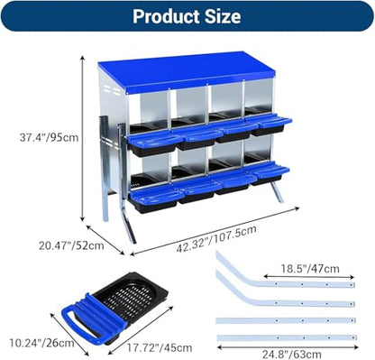 Chicken Nesting Box, 8 Hole 2 Layer Hen Nest Boxes with Legs, Roll-Away Egg Collection System with Ventilation Holes，Rustproof Plastic Tray & Keyhole Mounting, Chicken Laying Box - color: Blue, size: 8 holes with legs