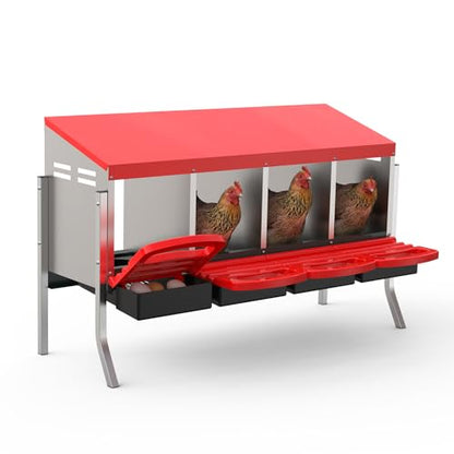4 Hole Roll Away Chicken Nesting Box - Chickens Laying Box with Removable Tray, Easy Egg Collection & Cleaning, Metal Nesting Boxes for Backyard, Farm, Poultry Coop, with Bracket Legs - color: red, size: 4 Compartments with legs