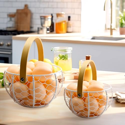 2PCS Wire Egg Baskets for Gathering Fresh Egg With Handle, Farmhouse Round Metal Egg Collecting Basket, Rustic Eggs Holder Basket for Kitchen Countertop (White)