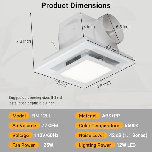 10 Inch Panel Bathroom Exhaust Fan with Light, 77CFM 1.1 Sones Square Quiet Bathroom Fan with 12W 6500K LED Light Combo, 4 Inch Duct Ceiling Mount for Home/Bath/Office/Hotel, White - size: square