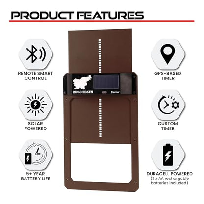 RUN-CHICKEN Door Eternal – Solar Automatic Chicken Coop Door with Built-in Solar Power & Battery Backup, Smart App & Timer Control, Weatherproof Aluminum, Predator-Proof, Easy to Install (Brown)