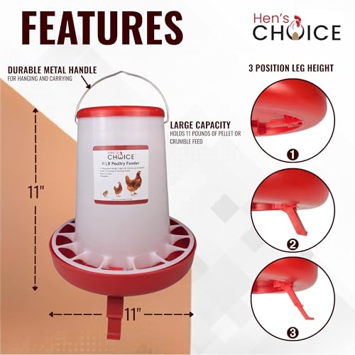 Hen's Choice 11 LB Poultry Feeder, Twist Lock Base, Adjustable Legs, Hangable with Lid (Red) - color: Red