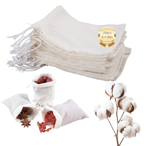 20pcs Muslin Bags with Drawstring,6x8 Inch White Spice Bags,Safe and Natural Cotton Material Tea Filter Bags,Cheesecloth Bags for Coffee,Tea,Soup etc. - size: 20pcs-6*8in