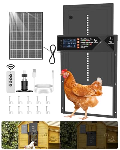 Large Automatic Chicken Coop Door, 4000mAh High Capacity Chicken Coop Door 7W Solar Powered with Timer & Light Sensor, Anti-Pinch Auto-Aluminum Chicken Door with Wire Clip & Remote Control-Black - color: Black