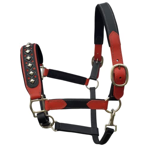 Darlington Luxury Leather Horse Show Halter in Premium Bridle Leather with Soft Suede Leather Padding and Fancy Western Design - color: Red/Black