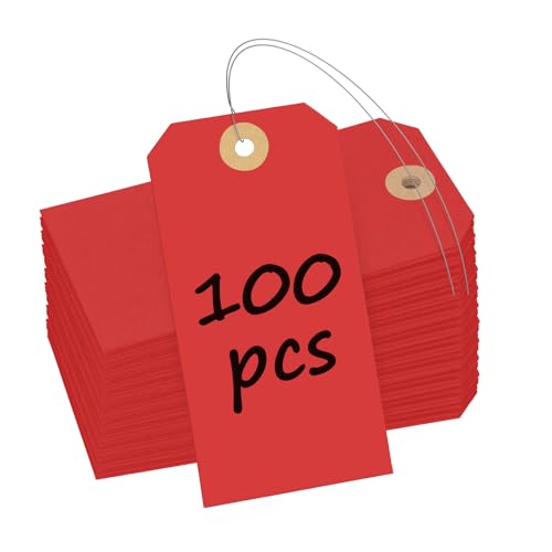 Uniclife 100 Pcs Red Blank Shipping Tags with Wire Attached 4.7 Inch Paper Tags Hang Tag with Reinforced Eyelet Large Marking Label Writable Price Inventory Label Tag, 4.7" x 2 3/8" - color: Red, size: 100 PCS
