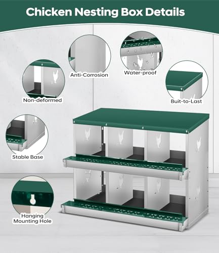 Garvee Chicken Nesting Box, 6 Compartment Metal Wall Mount Nest Boxes, Poultry Hen Laying Eggs Box, Easy Egg Collection, Heavy Duty 6 Room Nesting Box for Chicken Coop Backyard Farm - size: 6 Compartment