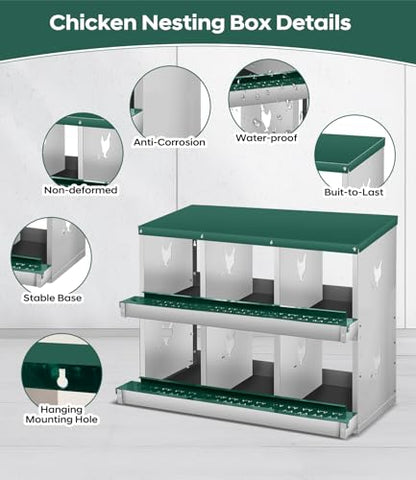 Garvee Chicken Nesting Box, 6 Compartment Metal Wall Mount Nest Boxes, Poultry Hen Laying Eggs Box, Easy Egg Collection, Heavy Duty 6 Room Nesting Box for Chicken Coop Backyard Farm - size: 6 Compartment