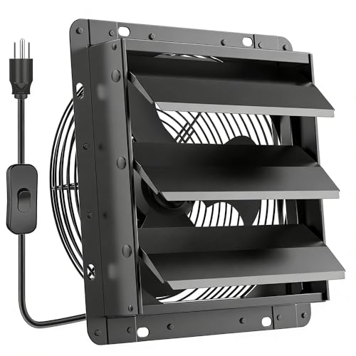 HG Power 10 Inch Shutter Exhaust Fan, 647CFM Quiet Garage Exhaust Fan with 8 Foot Long ON/OFF Switch Cable for Chicken Coop, Shed, Basement, Gable, Kitchen, Attic Ventilation Use, Black - size: 10 Inch Upgrade