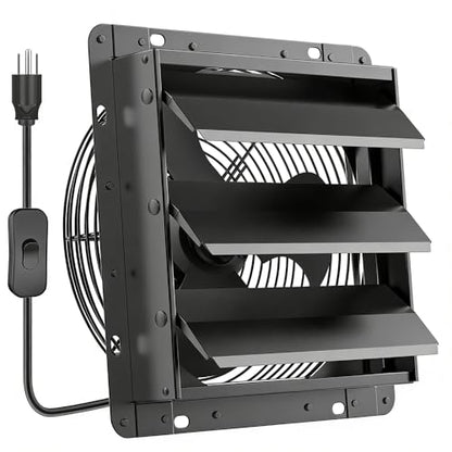 HG Power Upgraded 12 Inch Shutter Exhaust Fan, 764CFM High-Speed, 1400RPM Wall-Mounted Ventilation Fan for Shed, Garage, Greenhouse - with Mesh Screen, ON/OFF Switch & 8FT Power Cord, Black - size: 12 Inch Upgrade