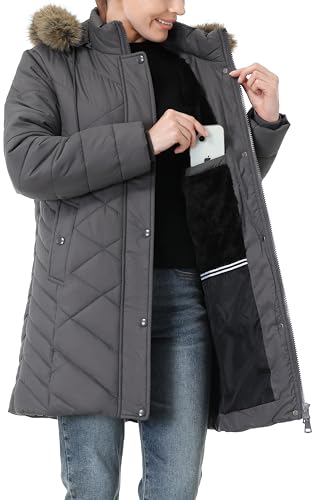Women's Long Warm Winter Coat Windproof Thickened Fleece Lined Down Jacket Waterproof Puffer Outerwear with Removable Hood - color: Darkgrey, size: Large