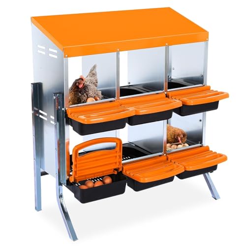 [6-Pack] Chicken Nest Box for Hens - Galvanized Steel Wall-Mounted or Freestanding Chicken Nest with Ventilation Holes - Poultry Nest Box with Legs for Egg Laying (Orange) - color: Orange, size: 6 holes with legs