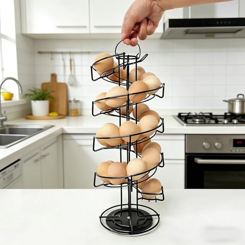 Egg Holder Countertop, Black Metal Spiral Egg Skelter Dispenser Rack with 360° Rotating Design, Farmhouse Egg Storage Display, Wide Stable Base Kitchen Organizer for Fresh Eggs