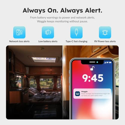 Waggle 4G Cellular Temperature & Humidity Monitor – Real-Time App, Email & SMS Alerts, LCD Display, Rechargeable Battery, RV/Camper/Van/Car Monitoring – Subscription Required