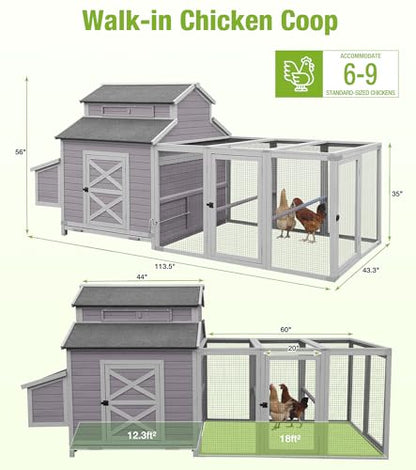 GUTINNEEN Extra Large Walk-in Chicken Coop with Run Waterproof UV Resistant Chicken House with Large Nesting Box 113.5" L Gray Outdoor Backyard Hen House - size: 113.5"L