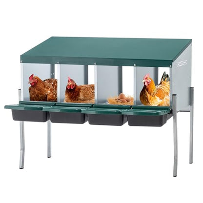 Chicken Nesting Box – 3/4/6/8-Room Metal Poultry Laying Box with Rollaway Egg Collection, Wall-Mounted Or Freestanding, Easy Assembly, Green(4 Holes with Bracket)
