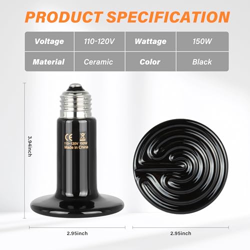 Simple Deluxe 150W Ceramic Heat Emitter, Reptile Heat Lamp No Light Emitting Heat Bulbs for Amphibian Terrarium, Bearded Dragon Lizard Snake Turtle, Brooder Coop Incubating Chicken - size: 150 Watts, style: D-75mm-1 Pcs