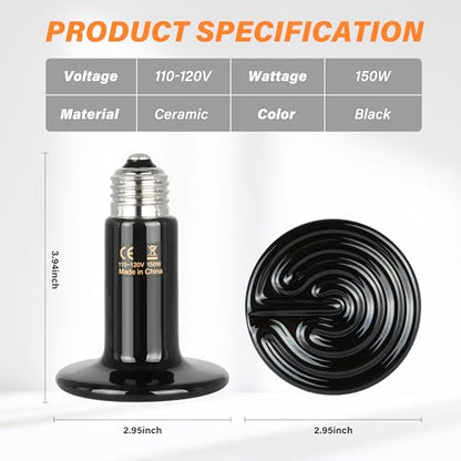 Simple Deluxe 150W Ceramic Heat Emitter 2 Pack Reptile Heat Lamp No Light Emitting Heat Bulbs for Amphibian Terrarium, Bearded Dragon Lizard Snake Turtle, Brooder Coop Incubating Chicken - size: 150 Watts, style: D-75mm-2 Pcs
