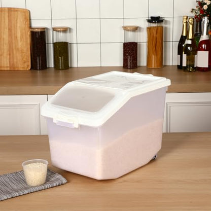 Sunnyray 4 Pcs Rice Storage Container 27.5 lb Airtight Flour Container with Wheels Measuring Cup White Pet Food Dog Cat Birds Food Bin Grain Cereal Organizer Box for Dry Baking Supplies - size: 9.45 x 12.2 x 10.24 Inch