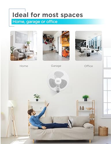 BLACK+DECKER 16" Wall Mount Fan With Remote Control, Oscillating With 3 Speed Settings and Shut Off Timer, Adjustable Tilt Angle, White - color: White, size: Wall Fan (Pack of 1)