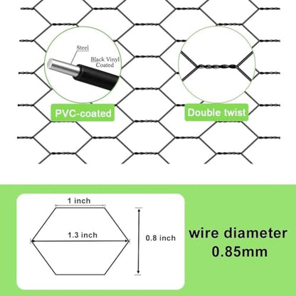 Black PVC Coated Hexagonal Chicken Wire Mesh, 1.31ft x 33.3ft Rustproof Galvanized Wire Net for Floral Arrangements DIY Crafts Chicken Coop Rabbit Garden Plant Protection Fencing