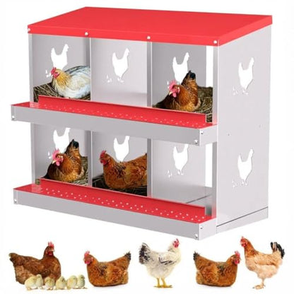 Chicken Nesting Box,6 Holes Galvanized Steel Metal Chicken Laying Box with Automatic Roll-Away Egg Collection System & Removable Tray,Wall Mount Nesting Boxes - color: Red, size: 6 Holes