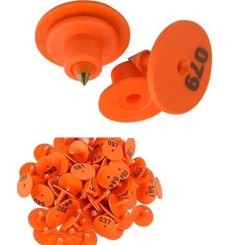 100 Sets Animal Ear Tags, Round Numbered 001-1000 for Sheep Pigs Goats Cattle, Plastic Livestock ID Tags Orange 001-100 - color: Orange