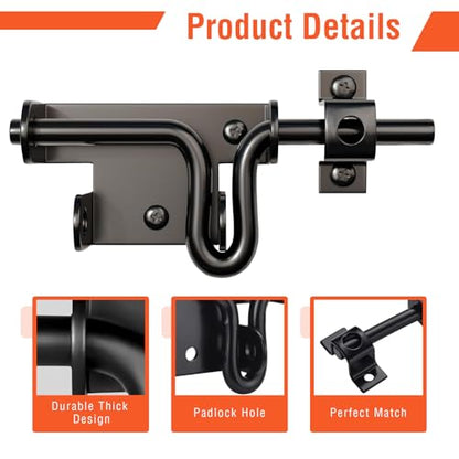 Slide Bolt Gate Latch for Wooden Fence, Heavy Duty Black Sliding Barn Door Latch Hardware with Padlock Hole, Outdoor Sliding Lock Latch for Shed, Wooden Fences, Barn, Yard, Vinyl