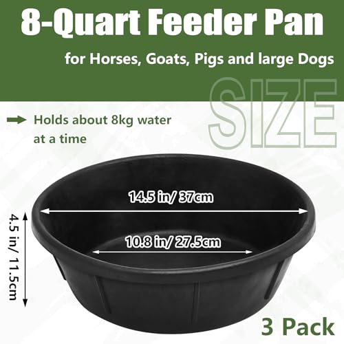 Sadnyy 3 Pcs Rubber Feed Pan 8 Quart Rubber Tub Large Utility Bucket for Dogs Goats Horses Chicken Dust Bath Container Animal Feeding, 14.5 x 4.5 Inches