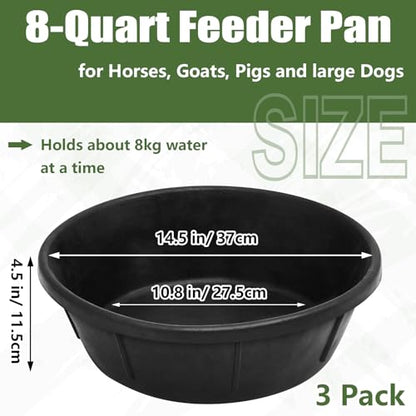 Sadnyy 3 Pcs Rubber Feed Pan 8 Quart Rubber Tub Large Utility Bucket for Dogs Goats Horses Chicken Dust Bath Container Animal Feeding, 14.5 x 4.5 Inches
