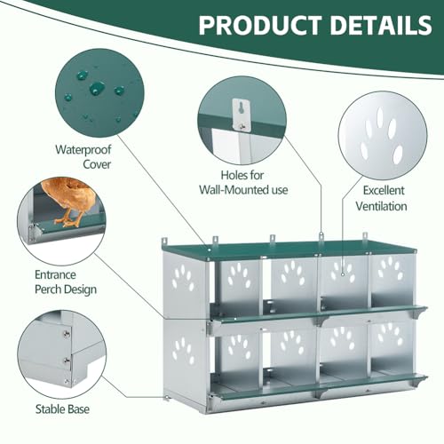 Wall-Mounted 8-Compartment Chicken Laying Box, Galvanized Steel Metal Nesting Box with Ventilated Design, Easy for Egg Collection and Assembly