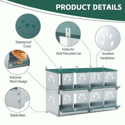 Wall-Mounted 8-Compartment Chicken Laying Box, Galvanized Steel Metal Nesting Box with Ventilated Design, Easy for Egg Collection and Assembly