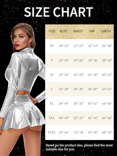 Kepblom Women's Metallic Crop Top Long Sleeve Mock Neck Turtleneck Holographic Zip Up Blouses - color: Silver, size: Medium