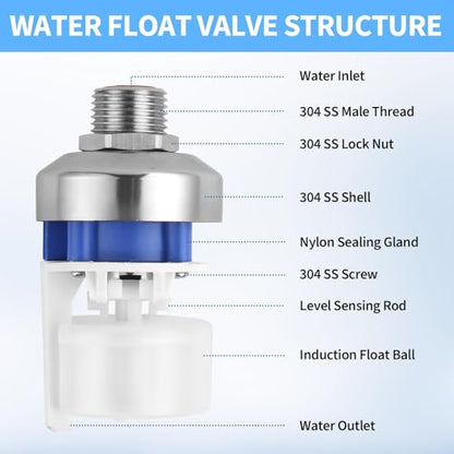 2Pcs Aquapulse Water Float Valve, Automatic Water Level Control Float Valves, 1/2Inch to 3/4Inch Stainless Steel Auto Water Shutoff System for Water Tanks, Tower, Pool, Livestock Troughs, Garden Hose - size: 2Pcs