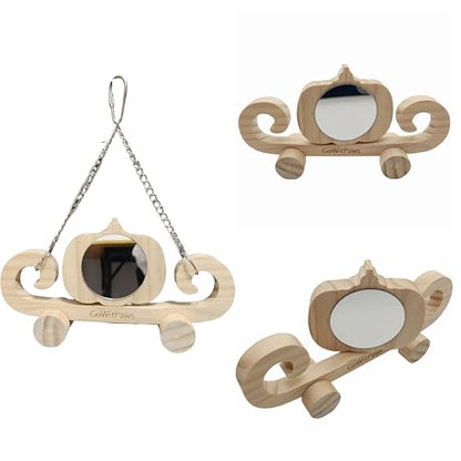 Pumpkin Carriage Mirror Toy for Small Birds, Natural Pine Wood, Dual-Sided Rotating Mirror, Rolling Wheels, 8.5x4.3 Inch