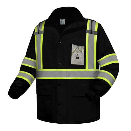 Hi Vis Jackets for Men, Safety Jackets for Men& Women, Reflective Apparel with Pockets for Cold Weather Winter, Waterproof High Vis Rain Coat, Class 3, Black with Bottom Long, XL - color: Black With Yellow Bottom Line, size: X-Large