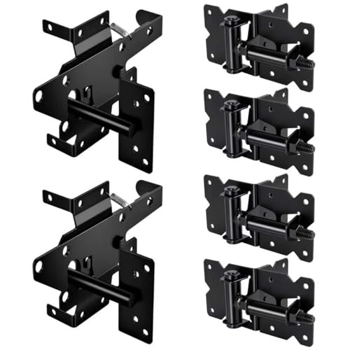 Heavy Duty Self Closing Gate Hinge and Latch Kit for Wooden/Vinyl Fence Gate Rust Proof Gate Hardware Kit 4 Adjustable Self Closing Hinges & 2 Post Mount Self Locking Gate Latch (Black)