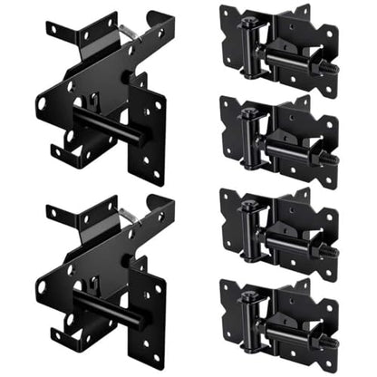 Heavy Duty Self Closing Gate Hinge and Latch Kit for Wooden/Vinyl Fence Gate Rust Proof Gate Hardware Kit 4 Adjustable Self Closing Hinges & 2 Post Mount Self Locking Gate Latch (Black)