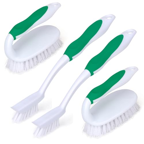Scrub Brush Set, 4 Pack Deep Cleaning Brush Kit - 2 Scrub Brush, 2 Tile & Grout Brush with Built-in Scraper, Household Commercial Scrubber for Floor, Shower, Pool Wall, Tub (Green) - color: Green