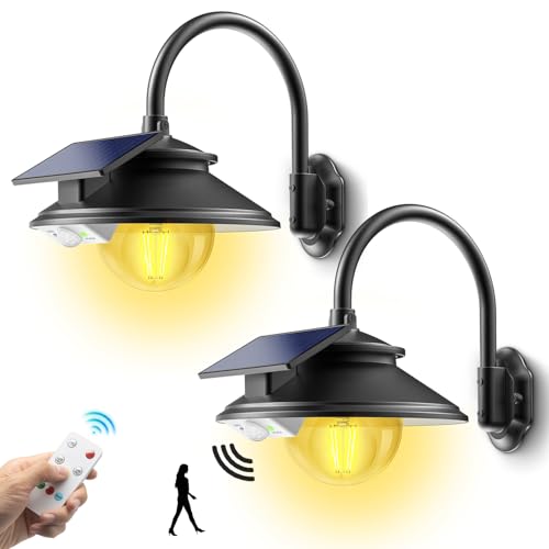 SIEDiNLAR Solar Barn Light Outdoor 3 Modes 2 Lighting, Garage Shed Light Gooseneck Farmhouse Wall Light Waterproof with Remote/Motion Sensor for Garage Barn Shed Porch Chicken Coop Black (2 Pack) - color: Black, size: 2 Pack