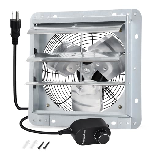 Criditpid 12 Inch Shutter Exhaust Fan, High Speed 970CFM, Wall Mounted Exhaust Fan with Speed Controller and Power Cord for Greenhouse, Garages, Shed, Barn, Basement, Shops, Chicken Coop Ventilation - size: 12 Inch Exhaust Fan