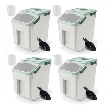 Large Flour Storage Container 25lbs, (4 Pack) BPA Free Rice Dispenser Bin with Locking Lid & Wheels, Measuring Cup, Scoop Kitchen Pantry Organizer for Flour, Rice, Grain, Cereal, Dog Food (Green) - color: 4Pack 25lbs Green